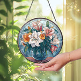 Lily Bouquet Stained Glass Suncatcher, Round Floral Window Panel with Vase, Elegant Glass Art Home Decor and Gift